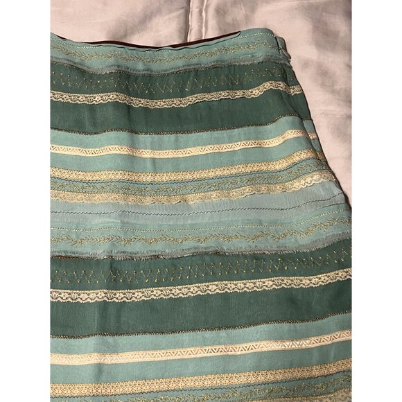 Odille Green & Cream Lace Ribbon Stripe Ruffle Skirt Anthropologie Gold Viscose - Picture 13 of 15
